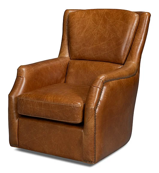 Sarreid Baker Leather Swivel Chair in Cuba Brown 54107