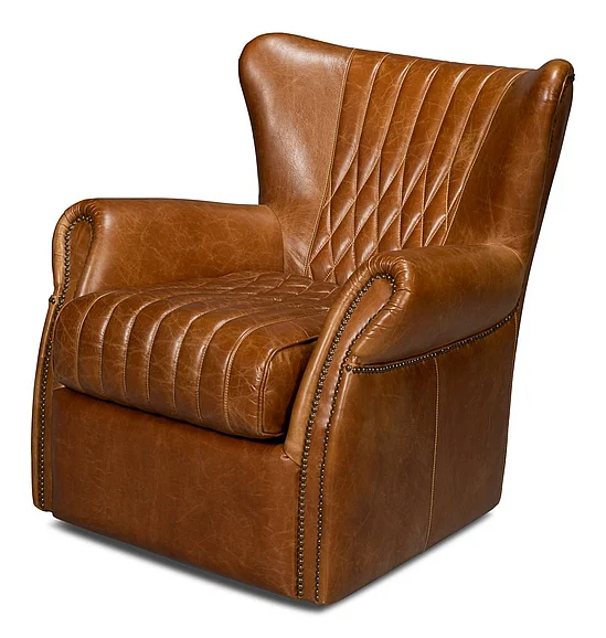 Sarreid Bugatti Leather Swivel Chair in Cuba Brown 54110