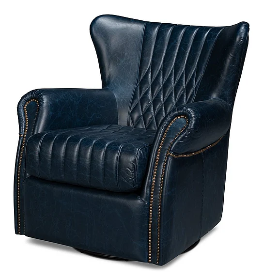 Sarreid Bugatti Leather Swivel Chair in Chateau Blue 54112