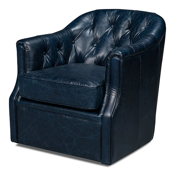 Sarreid Coolidge Leather Swivel Chair in Chateau Blue 54115