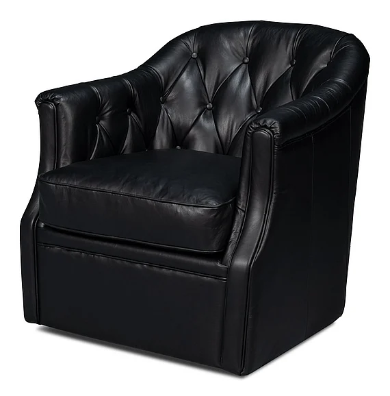 Sarreid Coolidge Leather Swivel Chair in Onyx Black 54116