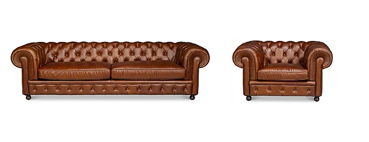 Sarreid Savile 2pc Leather Sofa Living Room Set in Marseile Dark Brown