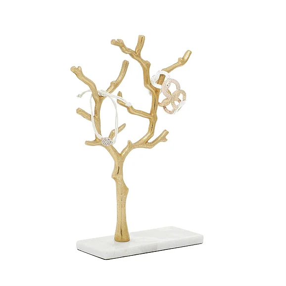 UMA Gold Marble Tree Jewelry Stand with Rectangular Base, 9" x 3" x 13" | 54285