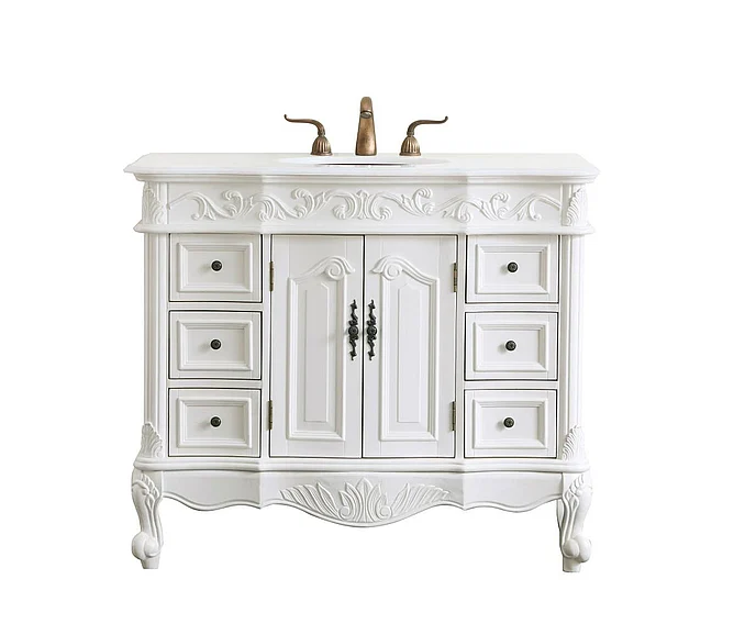 Elegant 42 In. Single Bathroom Vanity in Antique White with Ivory White Engineered Marble VF38842AW-VW