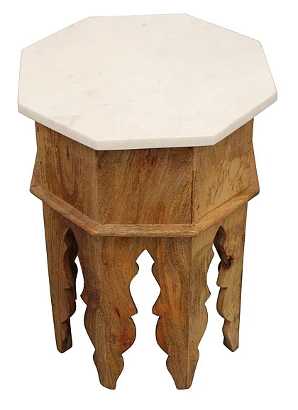 Moti Furniture Pillar Octagonal Side Table in Distressed Natural & Ivory 55004006