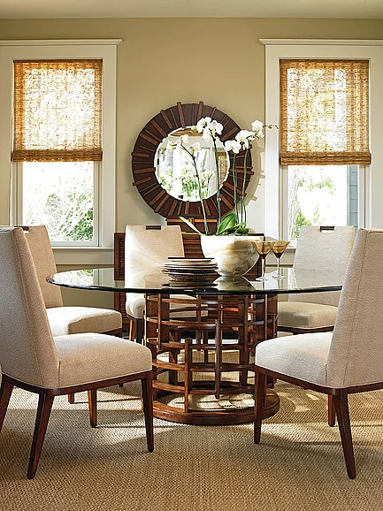 Tommy Bahama Home Island Fusion 7pc Round Glass Top Dining Room Set in Dark Walnut