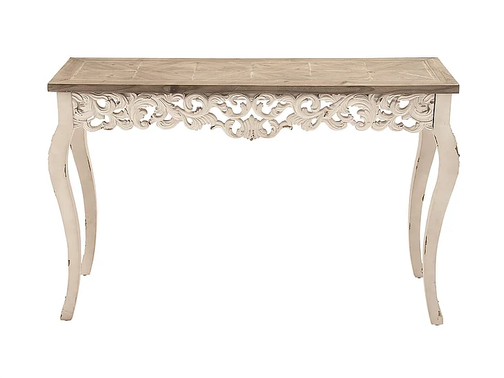 UMA White Wood Scroll Intricately Carved Living Room Console Table with Brown Wood Top, 46 x 15 x 30 | 56564