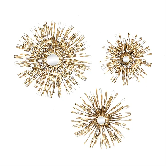 UMA Gold Metal Sunburst Looped Home Wall Decor with Mirror Accent, Set of 3 27, 22, 18D | 56850