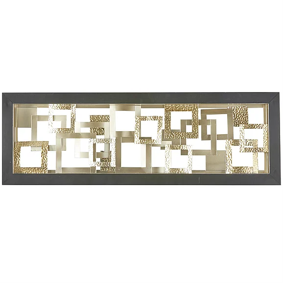UMA Gold Metal Geometric Square Ribbon Home Wall Decor with Black Frame, 16" x 2" x 48" | 56866