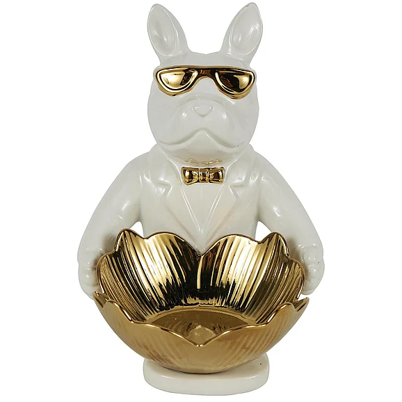 UMA White Ceramic Bulldog Decorative Sculpture with Gold Accents, 6" x 8" x 8" | 57064 CLOSEOUT