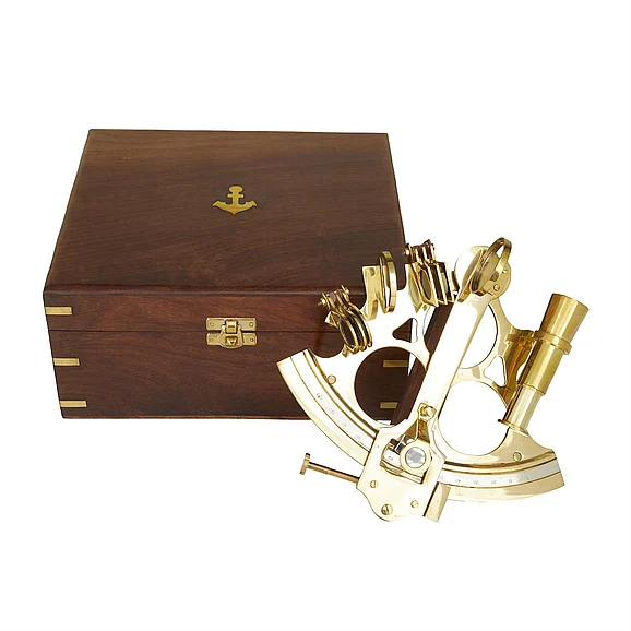UMA Gold Brass Metal Sextant Compass with Decorative Wood Box, 7" x 7" x 3" | 57127 CLOSEOUT