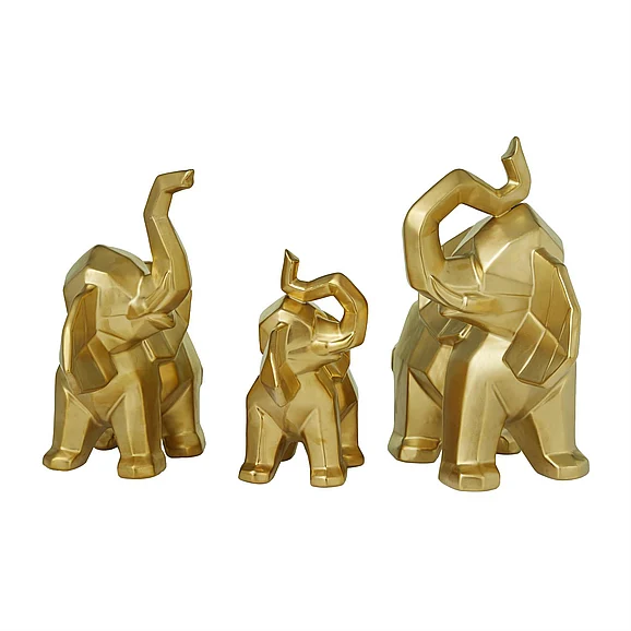 UMA Gold Porcelain Ceramic Elephant Decorative Sculpture, Set of 3 12, 11, 8H | 57187