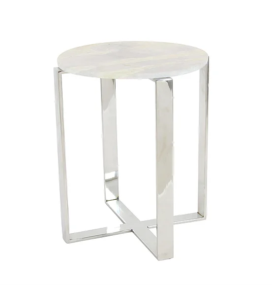 UMA White Marble Side End Accent Table with Silver Metal Legs, 18" x 18" x 21" | 57341