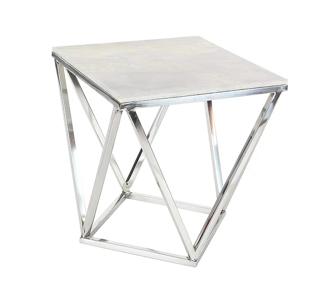 UMA Silver Stainless Steel Metal Side End Accent Table with Marble Top, 18" x 18" x 21" | 57344