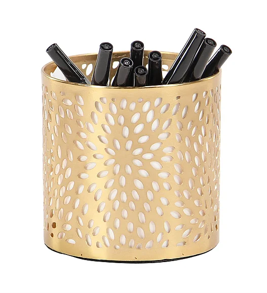 UMA Gold Metal Floral Pencil Cup with Laser Carved Design, 4" x 4" x 4" | 57413