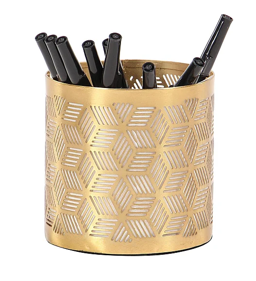 UMA Gold Metal Geometric Pencil Cup with Laser Carved Design, 4 x 4 x 4 | 57417