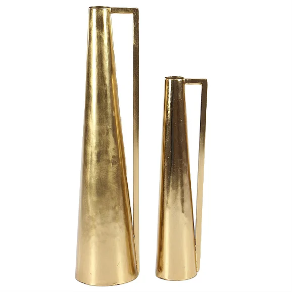 UMA Metal Geometric Slim Cone Decorative Vase with Handles in Gold (Set of 2) 57420