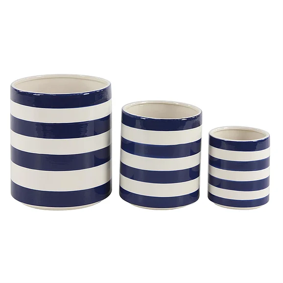 UMA Blue Ceramic Indoor Outdoor Planter with Stripes, Set of 3 7, 9, 12H | 57439 CLOSEOUT