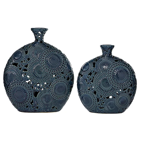 UMA Blue Ceramic Floral Decorative Vase with Cut Out Patterns, Set of 2 16, 13H | 57488