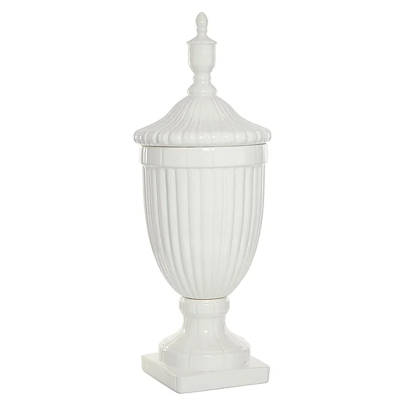 UMA White Ceramic Tall Fluted Urn Living Room Decorative Jars with Grooves and Lid, 10" x 10" x 26" | 57560