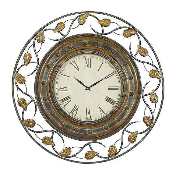 UMA Brown Metal Leaf Medallion Decorative Wall Clock with Scrolled Vines and Floral Accents, 36 x 3 x 36 | 57720