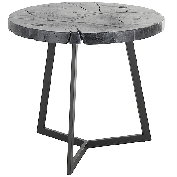 UMA Black Teak Wood Geometric Handmade Live Edge Side End Accent Table with Black Metal Base, 24" x 24" x 22" | 57789