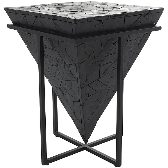 UMA Black Teak Wood Geometric Handmade Inverted Pyramid Side End Accent Table with Black Metal Base, 17" x 17" x 22" | 57790
