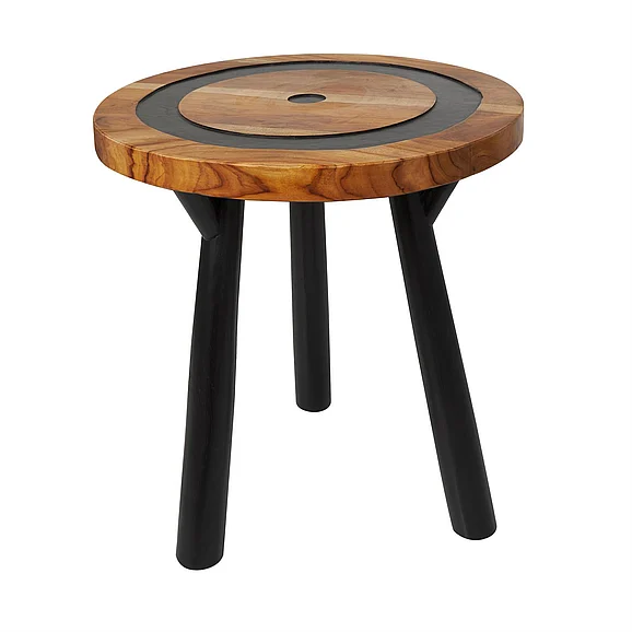 UMA Brown Teak Wood Geometric Layered Circle Side End Accent Table with Black Legs, 20 x 20 x 22 | 57792