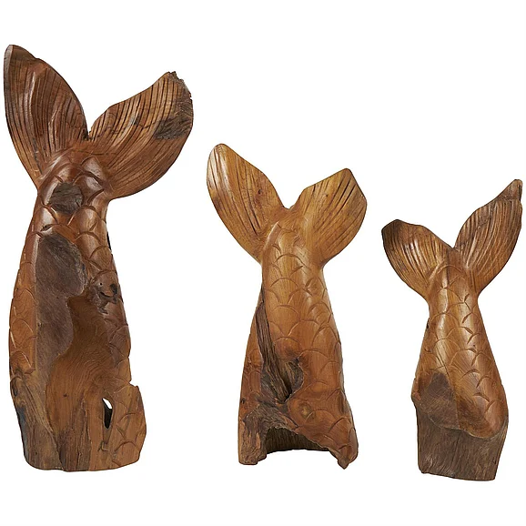UMA Brown Teak Wood Whale Handmade Tail Live Edge Decorative Sculpture with Intricate Carvings, Set of 3 23, 18, 16H | 57793