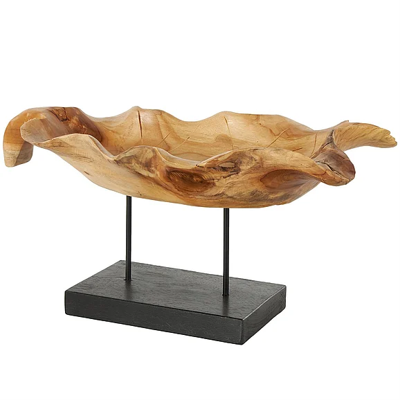UMA Brown Teak Wood Leaf Floating Decorative Sculpture with Black Stand and Base, 21" x 11" x 10" | 57796