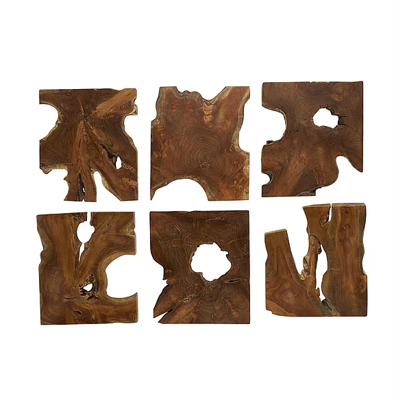 UMA Brown Teak Wood Abstract Handmade Live Edge Wood Slab Home Wall Decor, (Set of 6) 14W, 16H | 57797