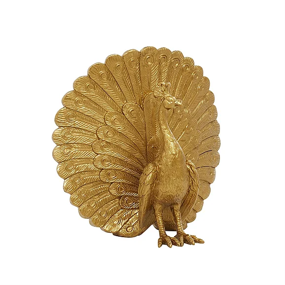 UMA Gold Polystone Peacock Handmade Decorative Sculpture, 12" x 7" x 12" | 58065 CLOSEOUT