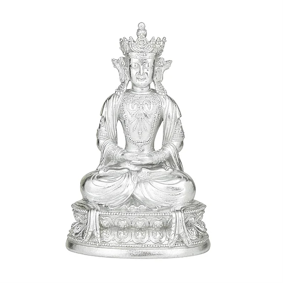 UMA Silver Resin Buddha Meditating Sculpture with Engraved Carvings and Relief Detailing, 8" x 5" x 12" | 58080 CLOSEOUT