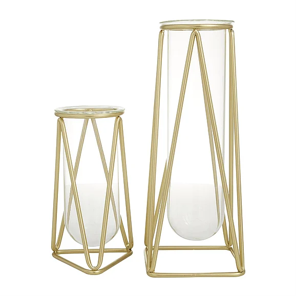 UMA Gold Glass Tube Decorative Vase with Metal Stand, (Set of 2) 9, 13H | 58739