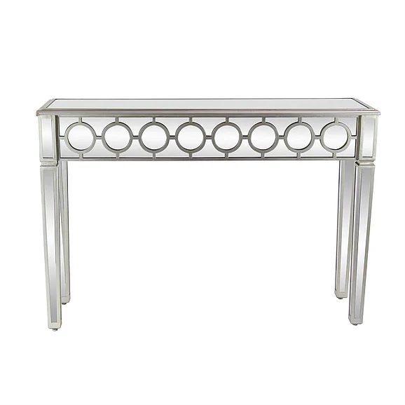 UMA Silver Glass Geometric Mirrored Living Room Console Table with Circular Panel Inlay, 47 x 14 x 32 | 58755