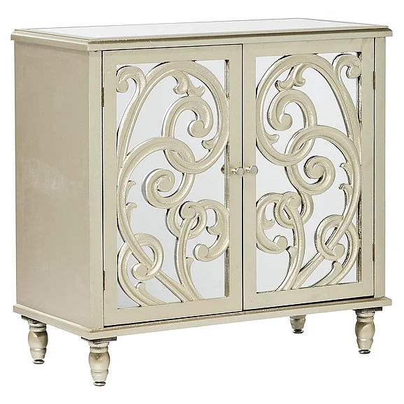 UMA Champagne Wood Scroll Intricately Carved 1 Shelf and 2 Doors Room Cabinet with Mirrored Front, 31" x 15" x 30" | 58762
