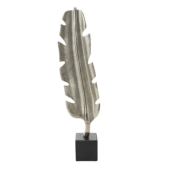 UMA CosmoLiving by Cosmopolitan Silver Aluminum Metal Bird Feather Decorative Sculpture with Black Marble Base, 7" x 4" x 28" | 58919 CLOSEOUT