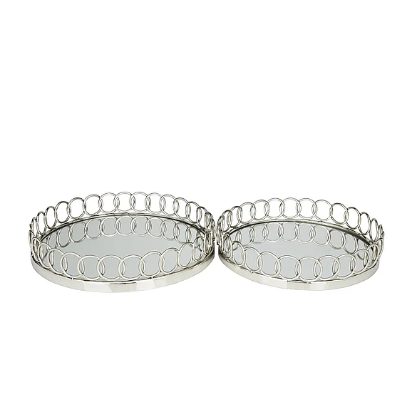 UMA Silver Stainless Steel Metal Mirrored Living Room Decor Tray with Circle Patterned Sides, Set of 2 16, 14W | 59242 CLOSEOUT