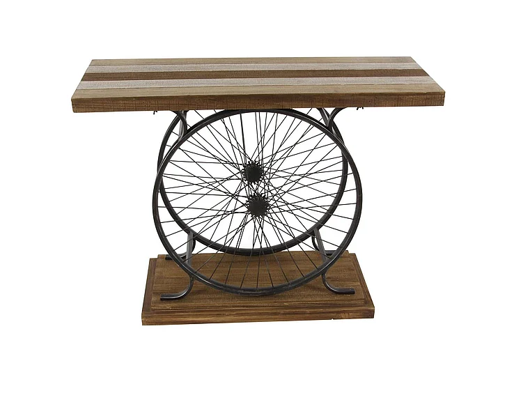 UMA Brown Wood Bike Wide Slatted Top Living Room Console Table with Dual Wheel Frame and Tiered Base, 39" x 12" x 25" | 59444
