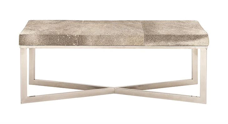 UMA Gray Leather Handmade Cowhide Home Bench with Silver Metal Base, 49 x 17 x 19 | 59658