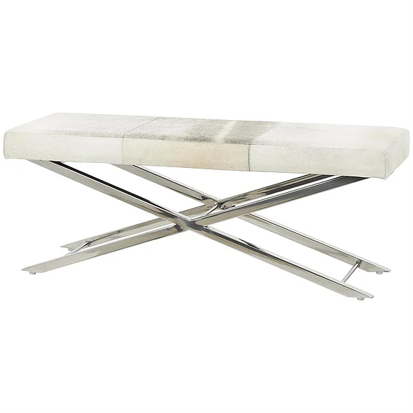UMA Beige Leather Cowhide Home Bench with Silver X-Shaped Metal Base, 46" x 16" x 18" | 59668 CLOSEOUT