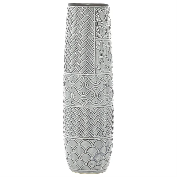 UMA Gray Ceramic Slim Engraved Patterned Decorative Vase with Varying Patterns, 7 x 7 x 22 | 59948