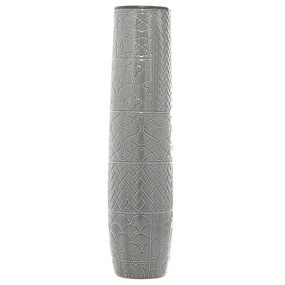 UMA Gray Ceramic Slim Engraved Patterned Decorative Vase with Varying Patterns, 7" x 7" x 30" | 59949