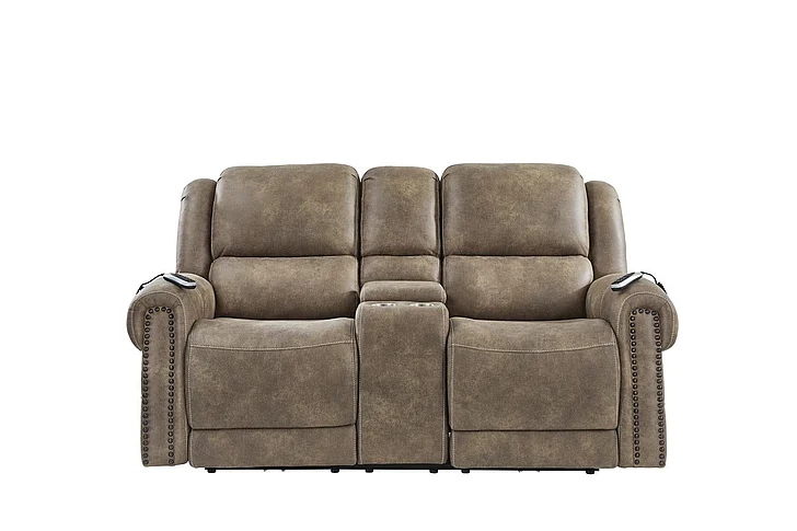 Corinthian Burr Ridge Power Headrest Console Loveseat w/ Lumbar in Hazelnut FGC68001-49HRLB