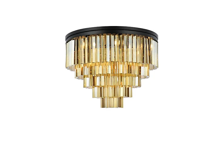 Elegant Sydney 17 Light Matte Black Flush Mount Golden Teak (Smoky) Royal Cut Crystal 1201F32MB-GT/RC