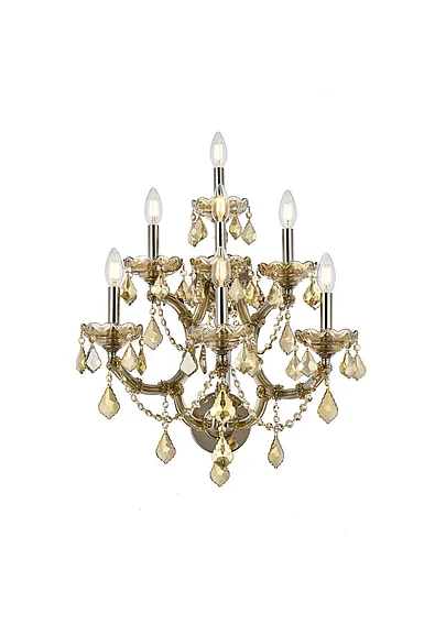 Elegant Maria Theresa 7 Light Golden Teak Wall Sconce Golden Teak (Smoky) Royal Cut Crystal 2800W7GT-GT/RC