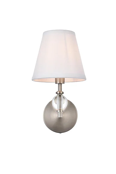 Elegant Bethany 1 Light Bath Sconce in Satin Nickel with White Fabric Shade LD7021W6SN