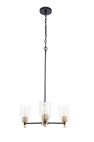 Craftmade Council 3 Light Chandelier in Flat Black/Satin Brass (Clear Swirl Texture Glass) 60323-FBSB-C