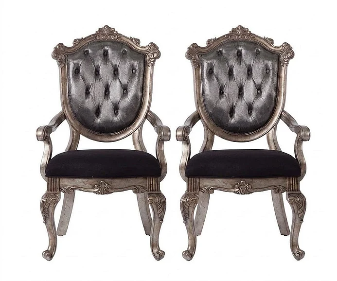 Acme Chantelle Button Tufted Back Seat Dining Arm Chair (Set of 2) in Antique Platinum 60543