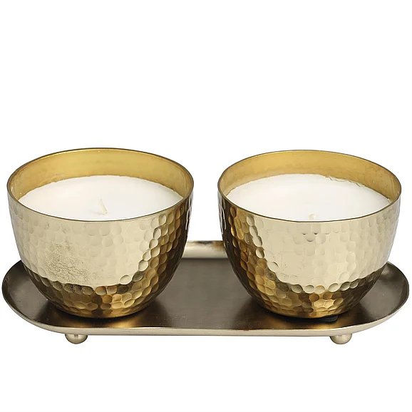 UMA Gold Metal Mediterranean Fig Scented Hammered Double 10 oz 1 Wick Decorative Candle with White Wax and Tray, 10" x 5" x 4" | 60581 CLOSEOUT